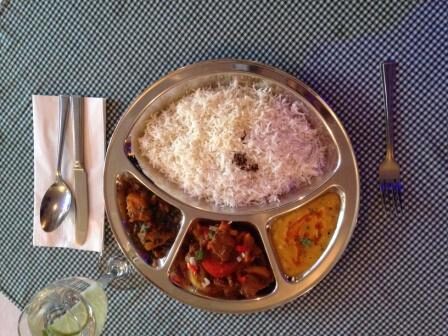 A Nepali thali with rice, curries and dal